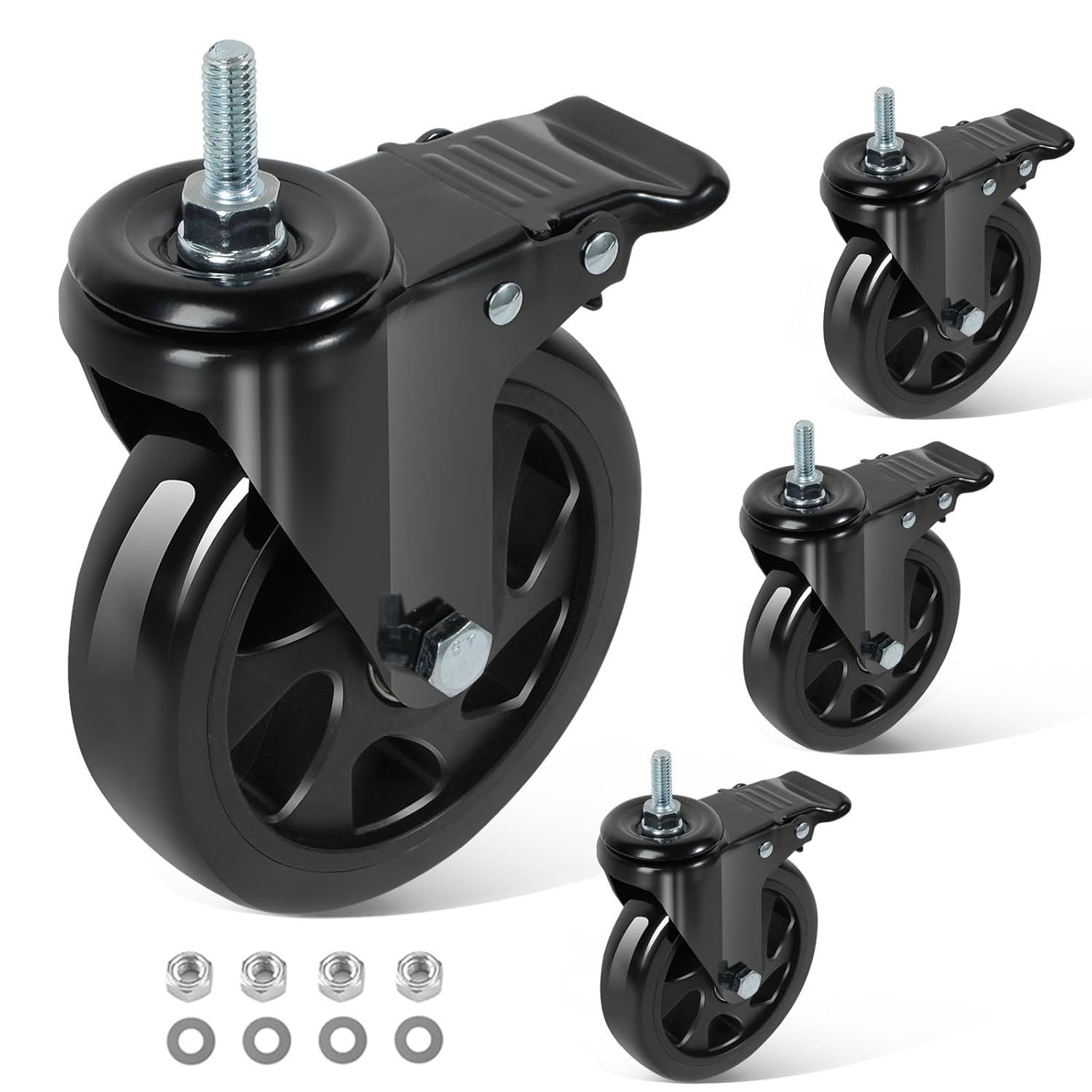 Caster Wheels 5 Inch, Swivel Threaded Stem Casters Set of 4 Heavy Duty 2400lbs, UNC 3/8" -16 x 1 (Stem Diameter 3/8"