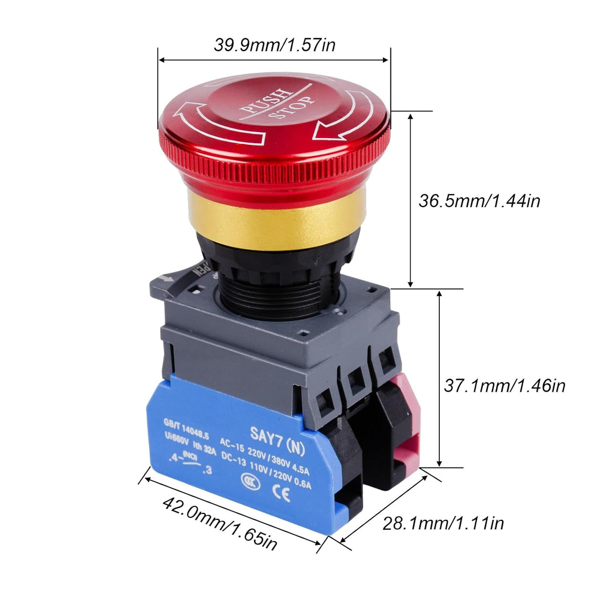 Emergency Stop Button 32A 440V Latching Push Button Switch, 22mm Aluminum Alloy Round E-Stop Button, IP65 Waterproof Self-Locking Shut Off Switch