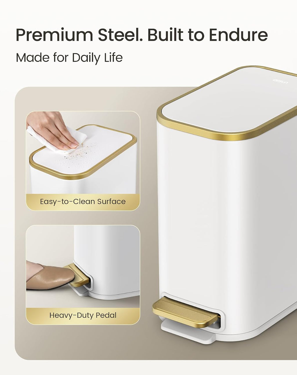 Small Bathroom Trash Can with Gold Grimmed Lid & Pedal, 1.3Gal, White | Soft Close Lid, Removable Inner Bucket, Slim