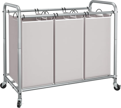 3 Section Laundry Sorter, 35.6 Gal (135 L) Laundry Hamper Cart with Heavy Duty Rolling Lockable Wheels and Removable