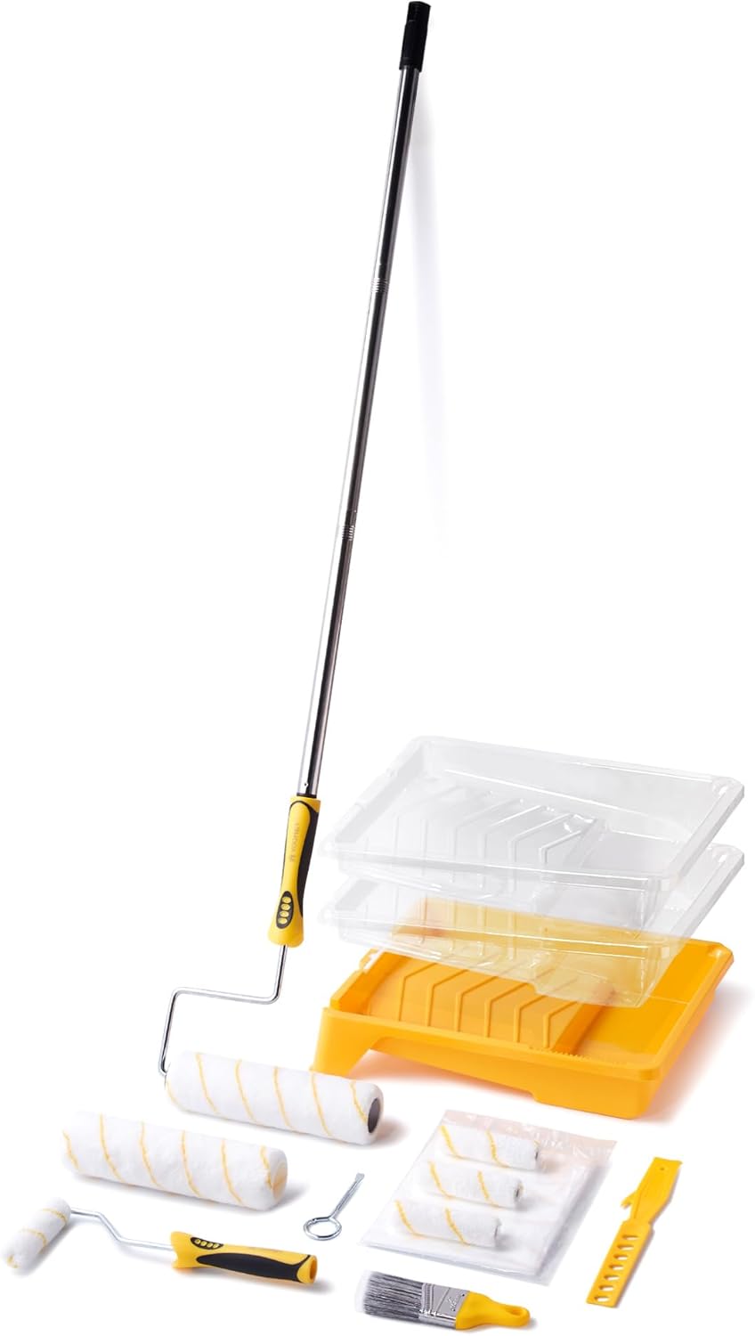 Paint Roller Kit with Extension Pole - 9 Inch Paint Roller with Tray, Mini Paint Roller 4 inch, Small Paint Brush, 16