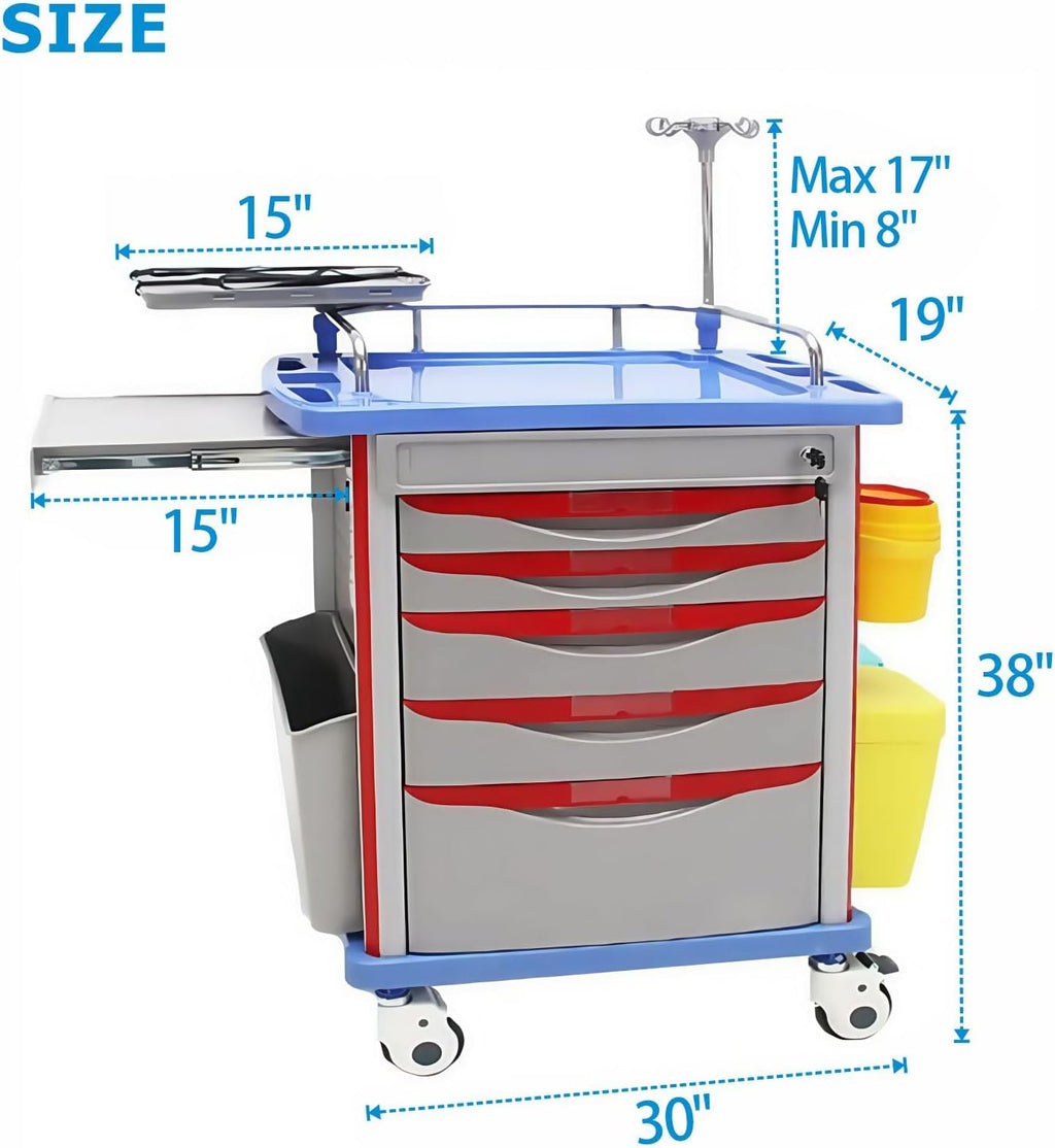 Crash Cart with Accessories Mobile Emergency Treatment Trolley with IV Pole, Cardiac Board, O₂ Tank Holder, Trash Bin