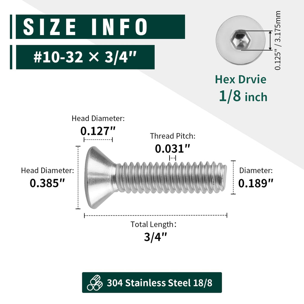 #10-32 x 3/4" Flat Countersunk Head Socket Cap Screws, 304 Stainless Steel 18-8 SS, Full Machine Thread Coverage, Allen Hex Drive, 50 PCS