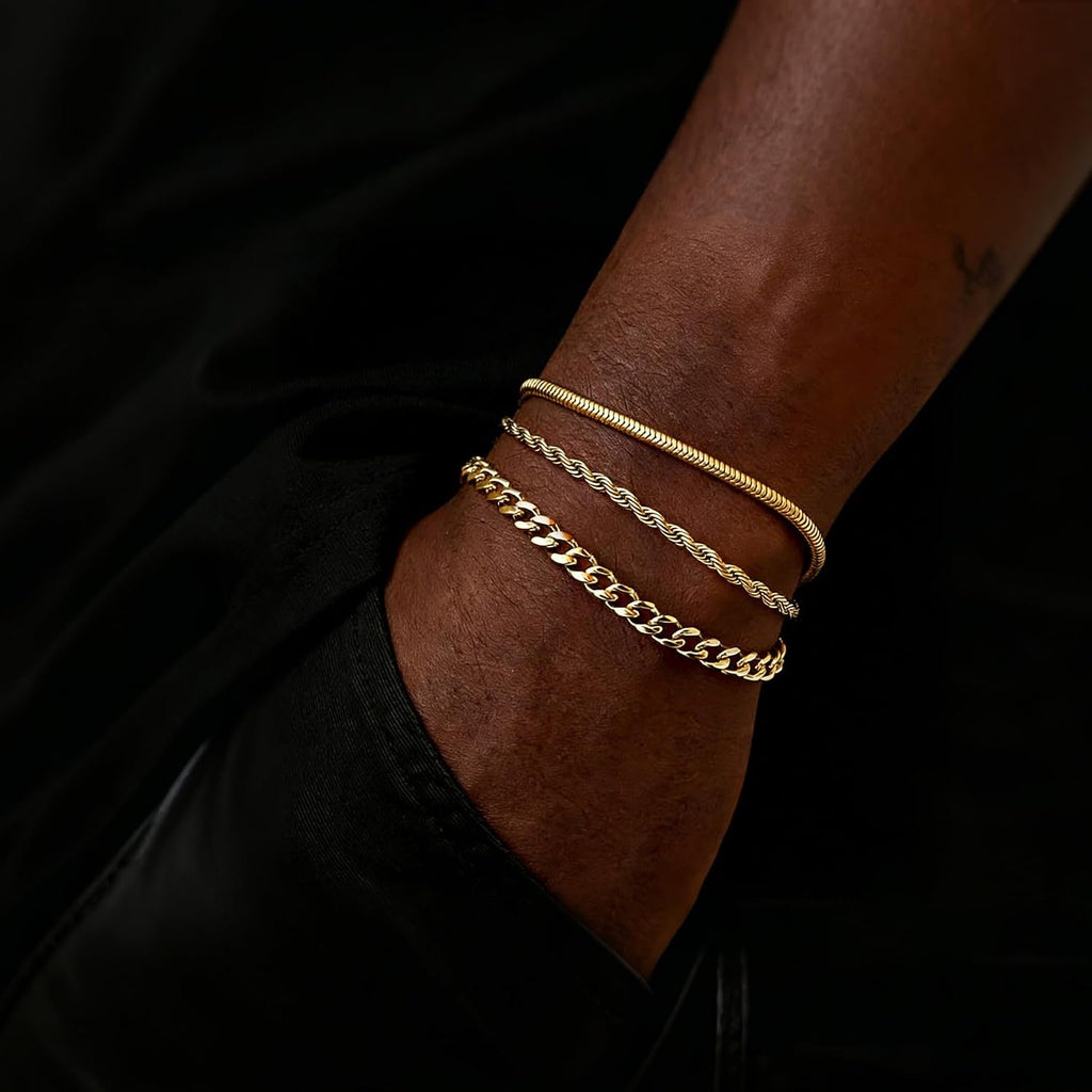 Gold Bracelets for Men Trendy - Dainty Gold Plated Stainless Steel Snake Link Bracelet Stack Rope Figaro Herringbone