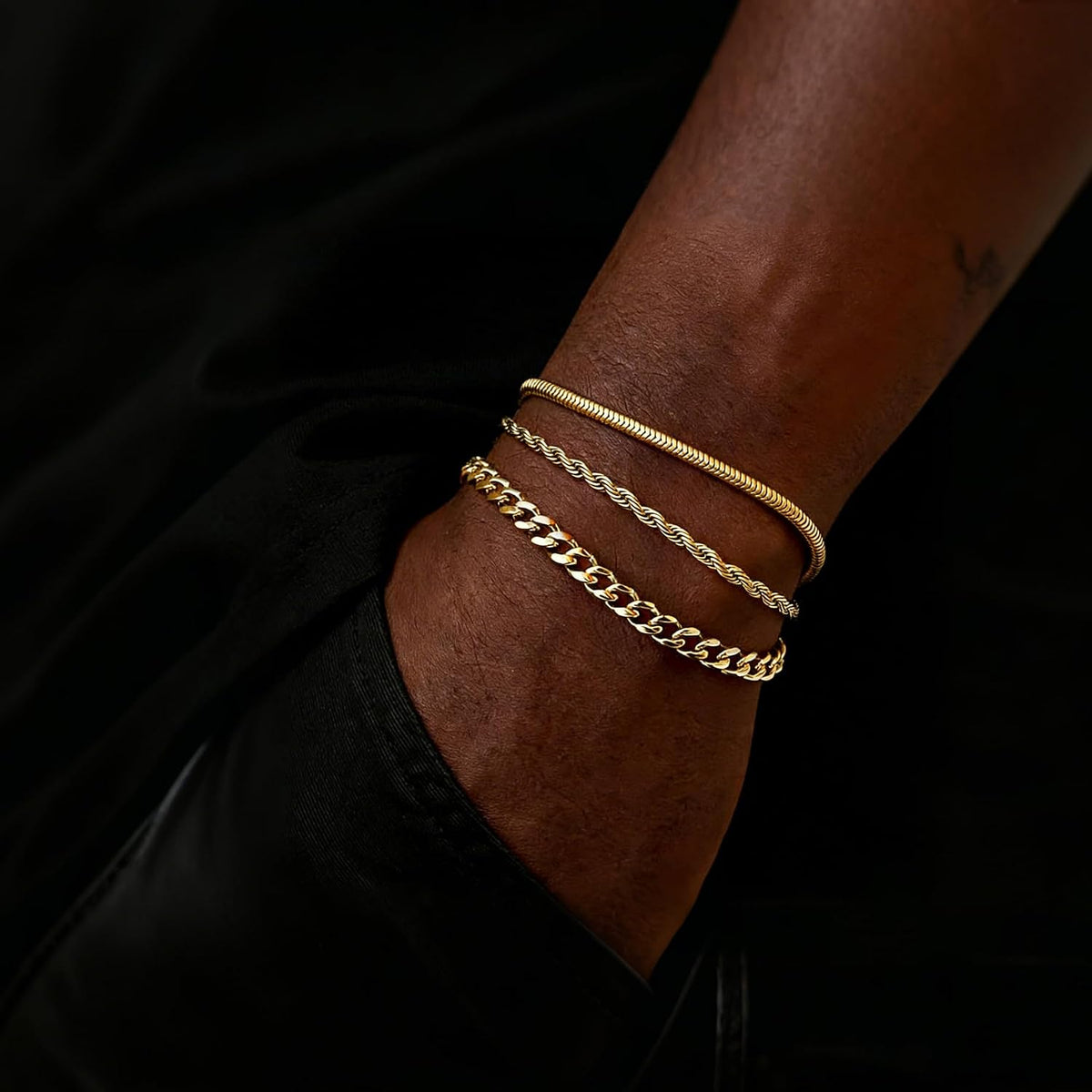 Gold Bracelets for Men Trendy - Dainty Gold Plated Stainless Steel Snake Link Bracelet Stack Rope Figaro Herringbone