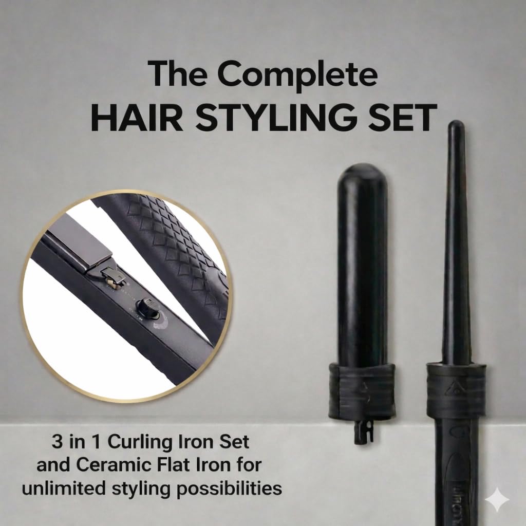 Ceramic Flat Iron & Curling Wand Set - 3 Interchangeable Barrels