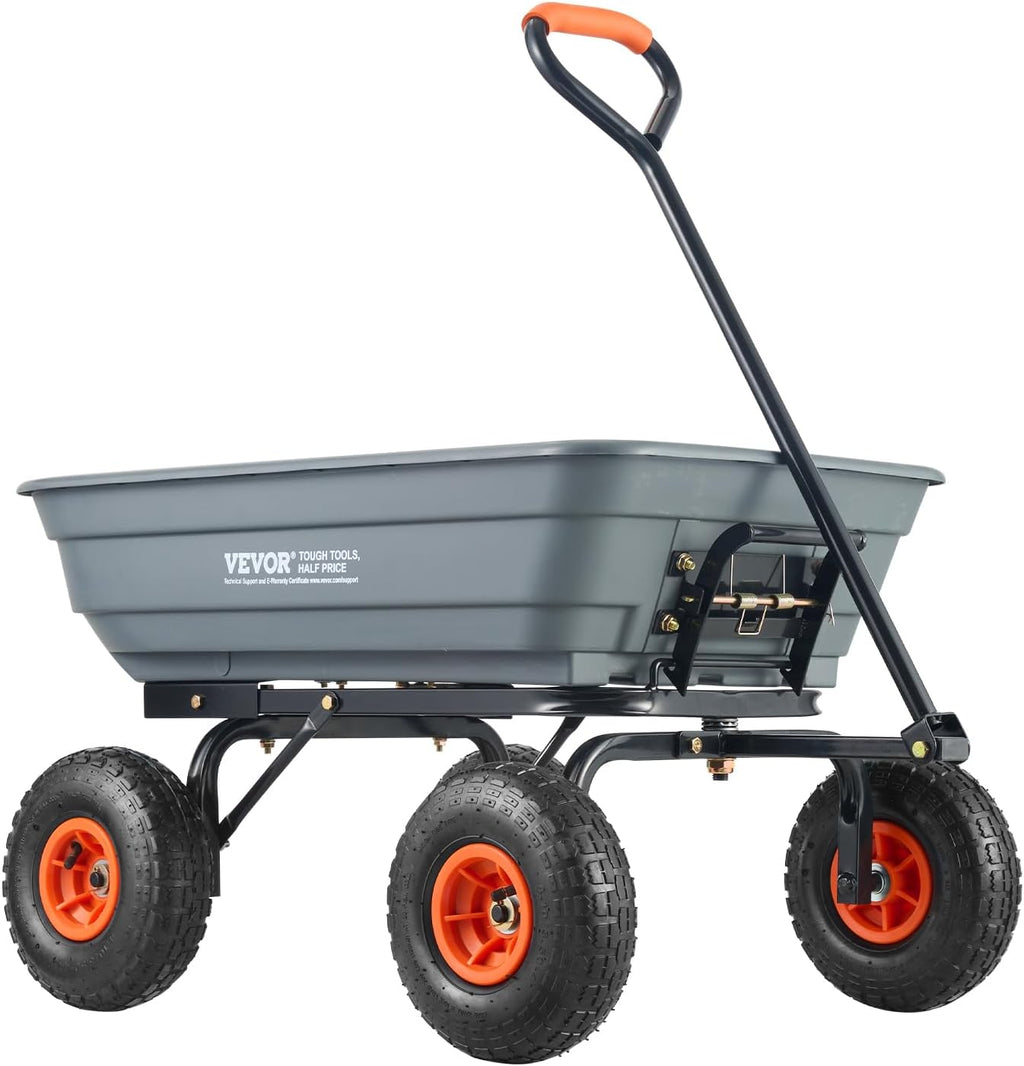 4 Cu.Ft. 600lbs Poly Garden Dump Cart, Heavy Duty 4 Wheel Wheelbarrow Yard Cart Dump Wagon with 10in All Terrain