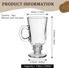 Set Of 6 Irish Coffee Mugs - 8oz Irish Coffee Glasses With Handle High Base - Clear Mugs For Latte, Cappuccino, Hot