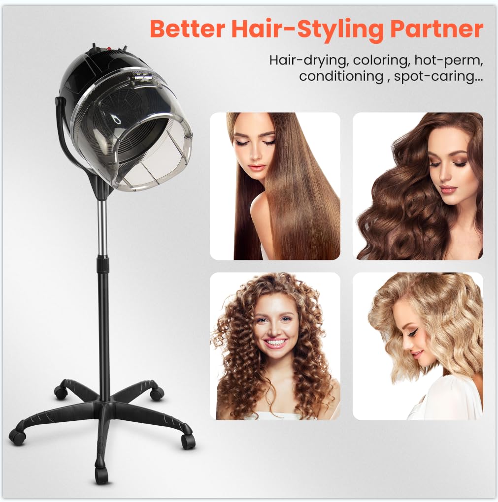 Professional Hooded Bonnet Hair Dryer Stand, Rolling Wheels & Timer