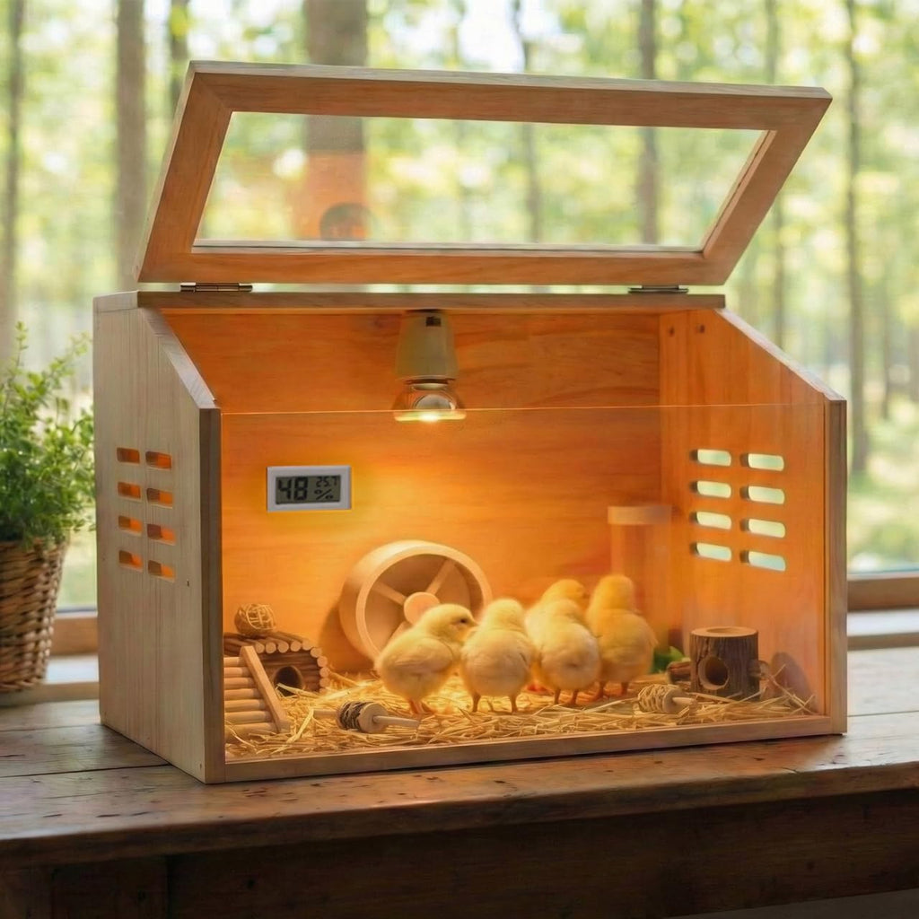 Wooden Chick Brooder Box with Heat Lamp and Thermometer, 15.7 x 12 x 12 in