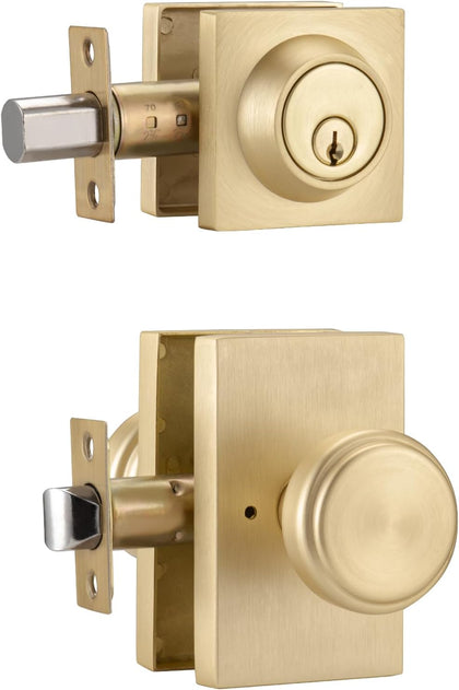 Brushed Gold Door Knobs with Deadbolt for Front Door & Living Room | Zinc Rosette, Easy Install, Outdoor & Indoor Use