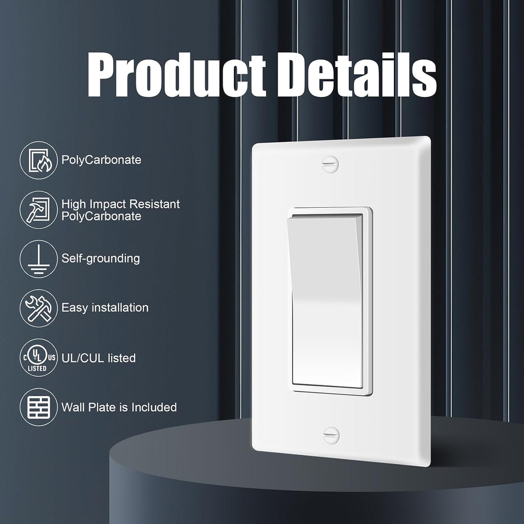 ThunderWay 10 Pack 3-Way Decorator Light Switch with Wallplate, White