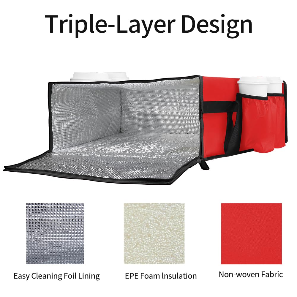 Pizza Bags for Delivery with 4 Cup Holder, 20" x20" x8", Red, 1-Pack