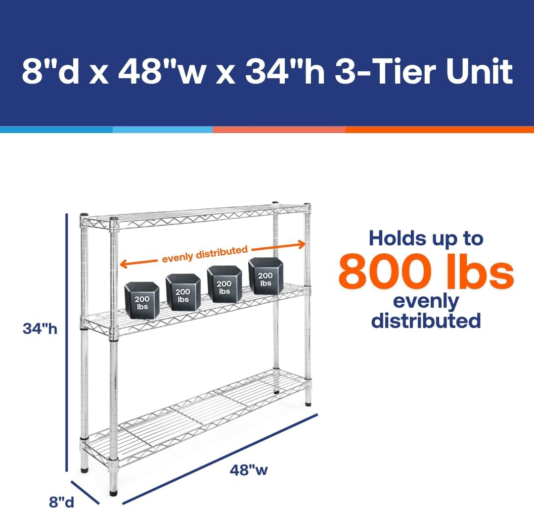 Shelving Inc. 8" d x 48" w Chrome Wire Shelving with 3 Tier Shelves