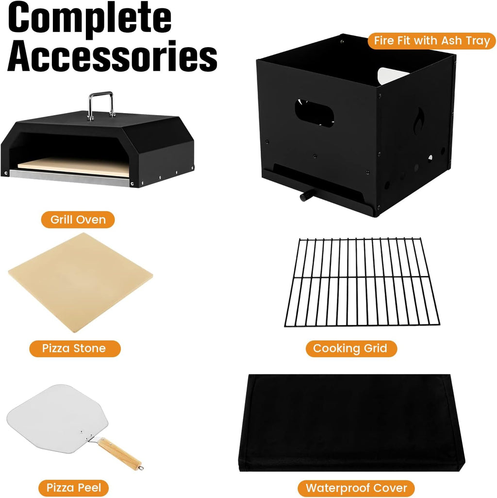 4-in-1 Outdoor Pizza Oven Wood Fired, 2-Layer Pizza Maker Grill with Stone, Peel, Waterproof Cover, Cooking Grids