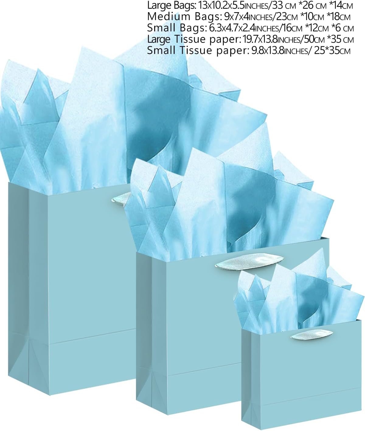 24PCS Lake Blue Gift Bags with Ribbon Handles Mulit Assorted Sizes Gift Wide Bags (4pcs Large 13", 10pcs Medium 9.6"