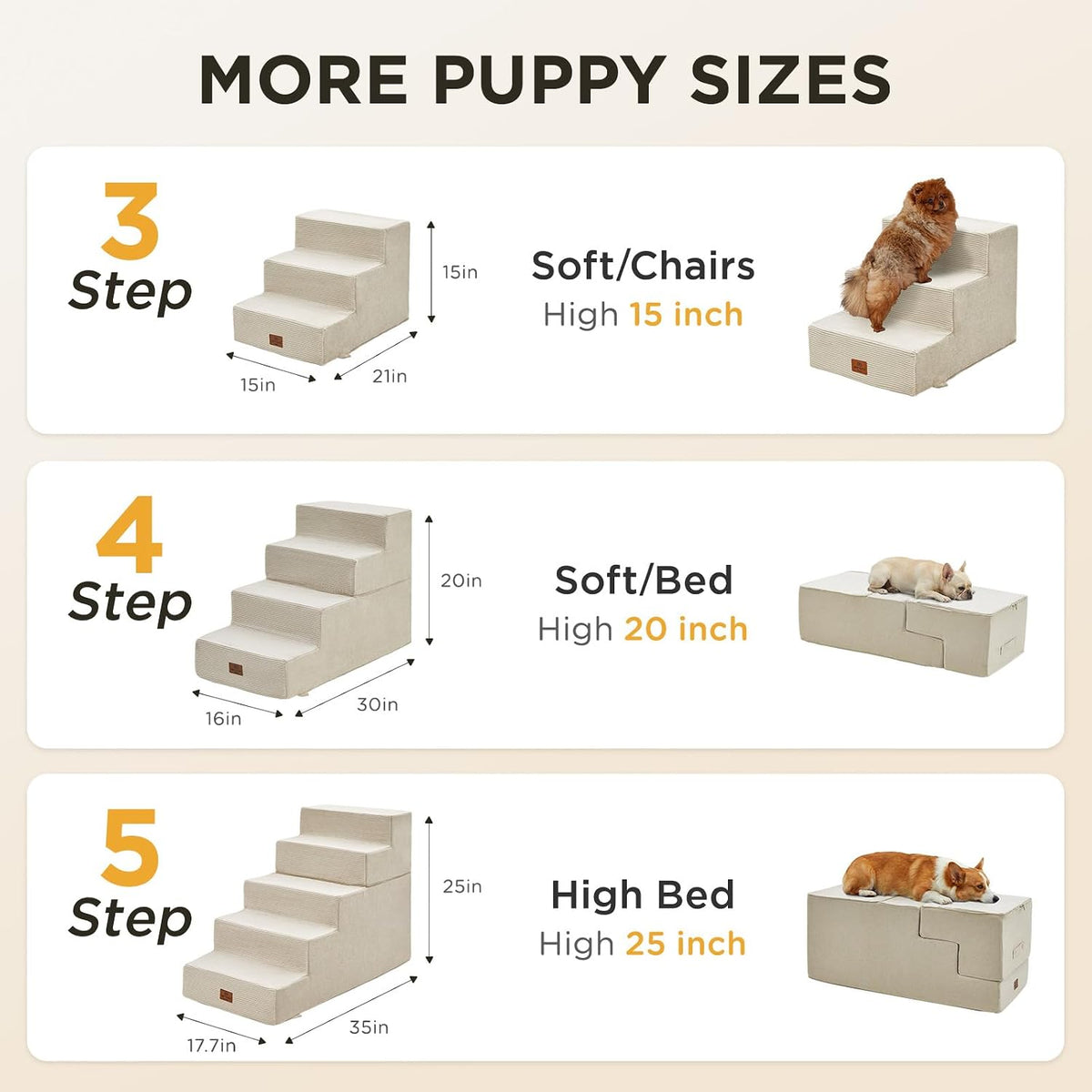 Dog Stairs for Bed 15" H, 3-Step Pet Steps for Small Dogs and Cats, Dog Steps for High Bed, Non-Slip Balanced Ramp