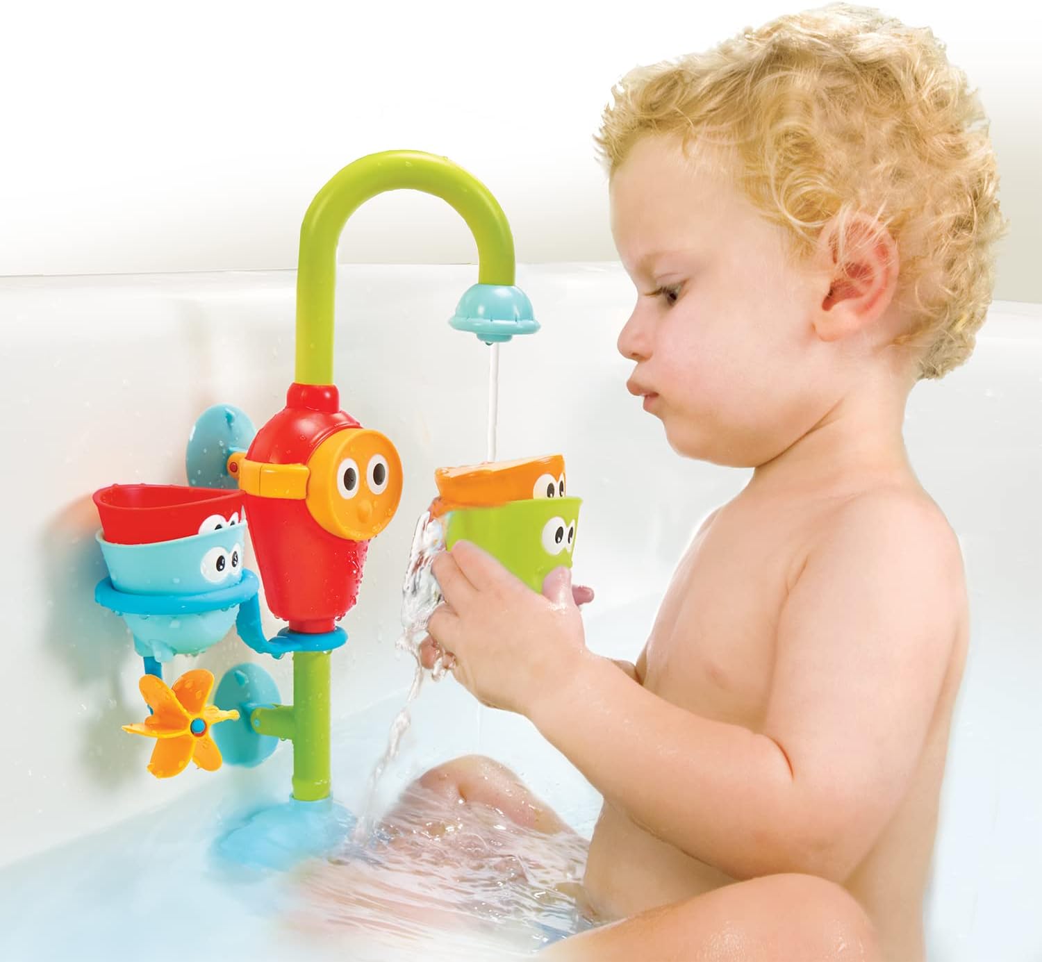 Toddler and Baby Bath Toy (Ages 1-3): Flow N Fill - 3 Stackable Play Cups - Battery Operated Interactive Hose Toy &