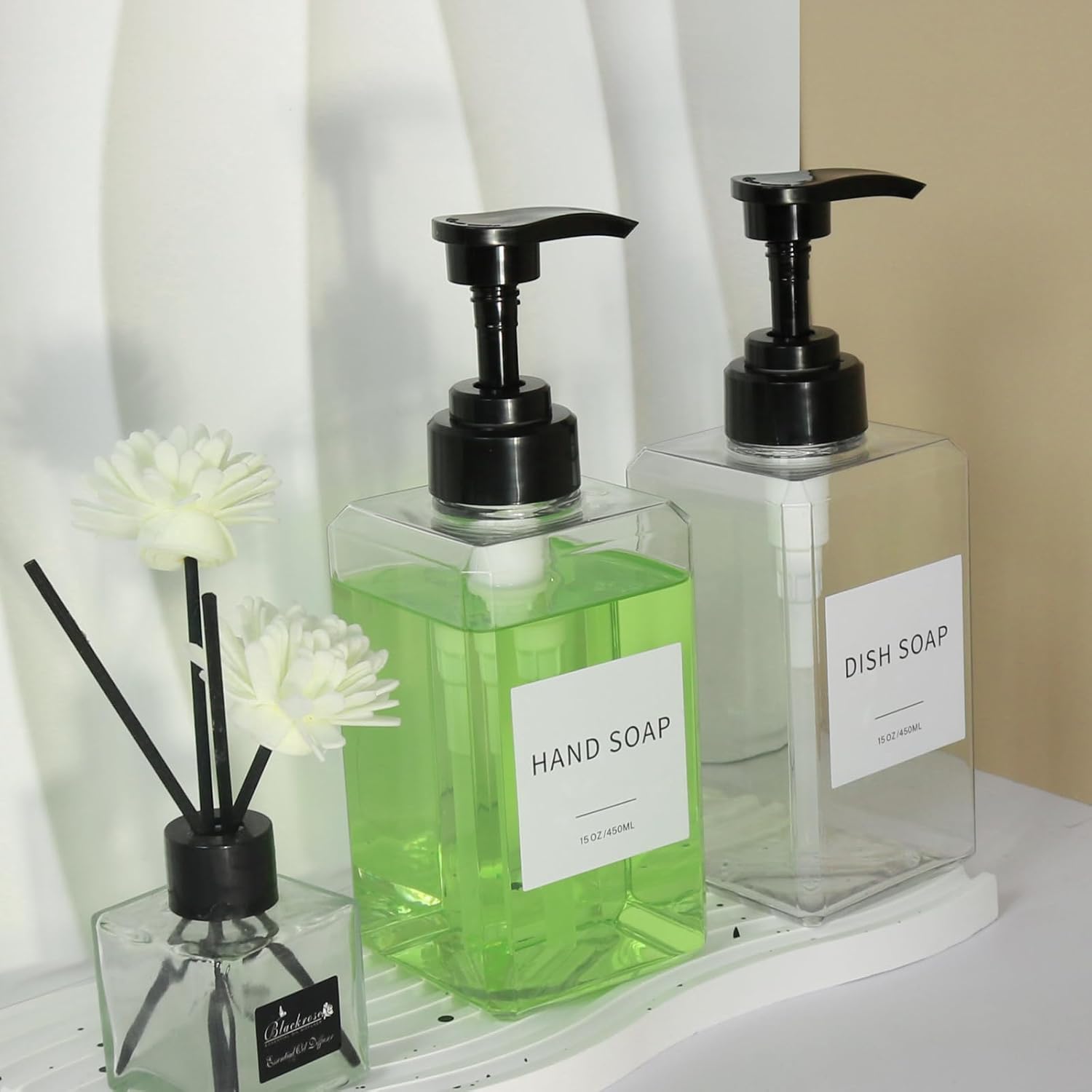 Clear Soap Dispenser with Waterproof Labels, Thickened Plastic Hand Soap Dispenser for Bathroom, Kitchen Dish Washing