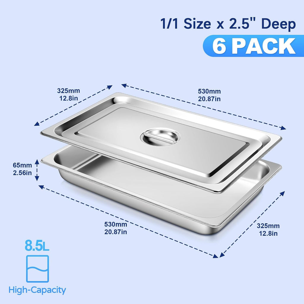 Stainless Steel Hotel Pans With Lids (6 Pack, Full Size 1/1 x 2-1/2" Deep)