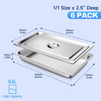 Stainless Steel Hotel Pans With Lids (6 Pack, Full Size 1/1 x 2-1/2" Deep)