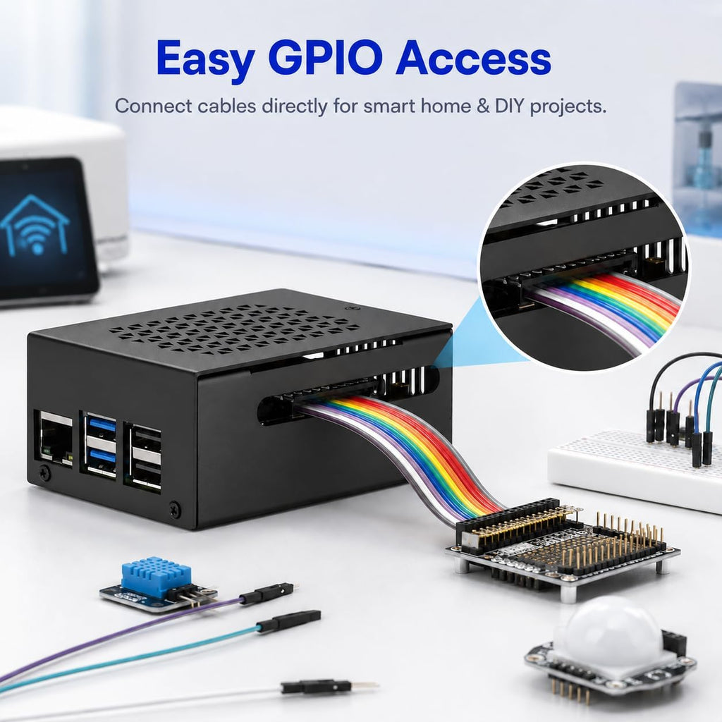 iUniker Metal Case Compatible with Raspberry Pi 5, Aluminum Pi 5 Case with Space for Active Cooler, M.2 NVMe HAT & POE HAT, GPIO Side Access, Vented Enclosure (Only Include Case)