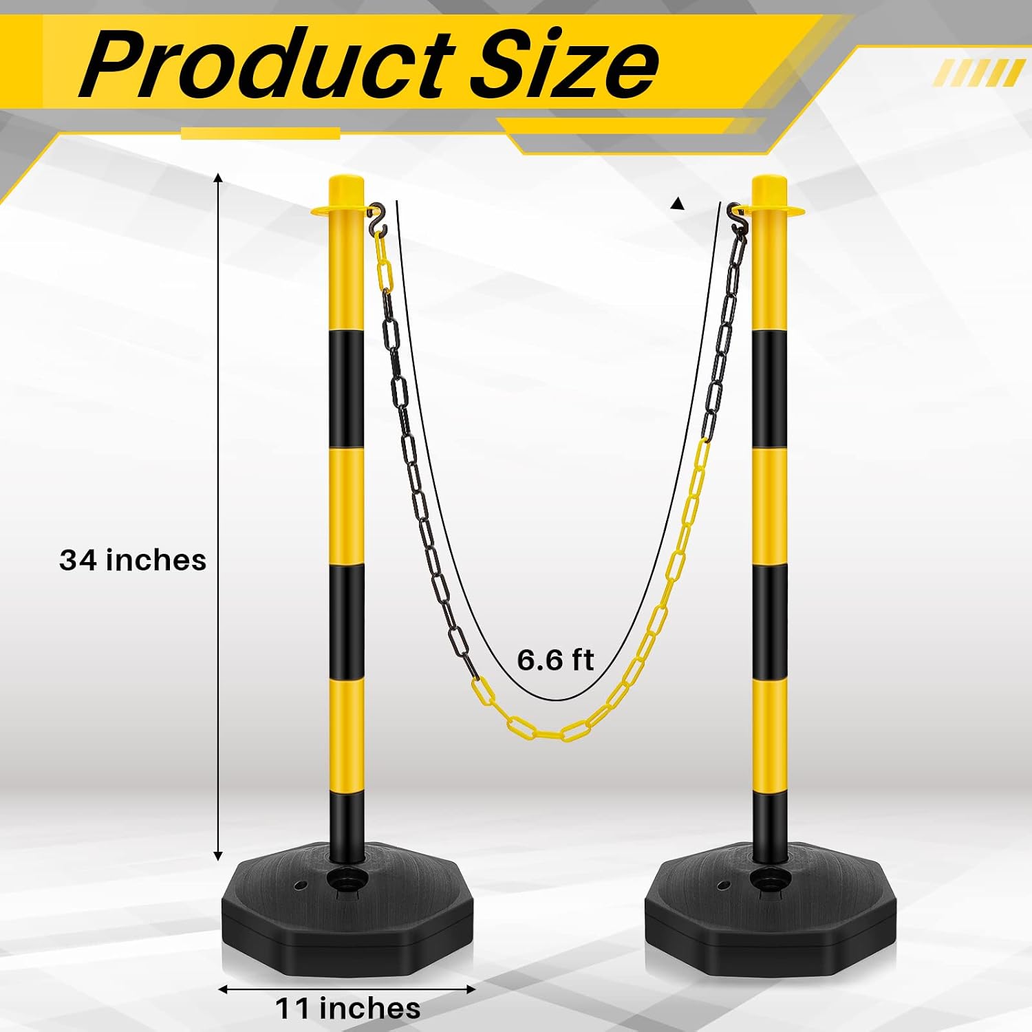 6 Sets 34 Inch Delineator Post Parking Cone Barrier,Yellow,Black | Plastic Stanchion Base 6.6 Ft Chain, Reflective