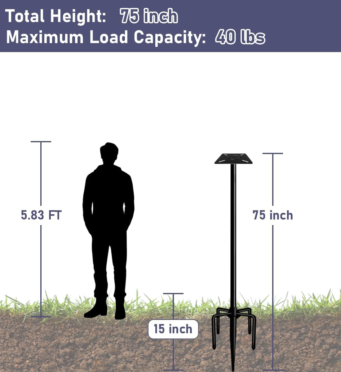75 Inch Smart Bird Feeder Pole with 5-Prong Base, Adjustable Bird House Pole Mount Kit for Outdoors, Heavy Duty