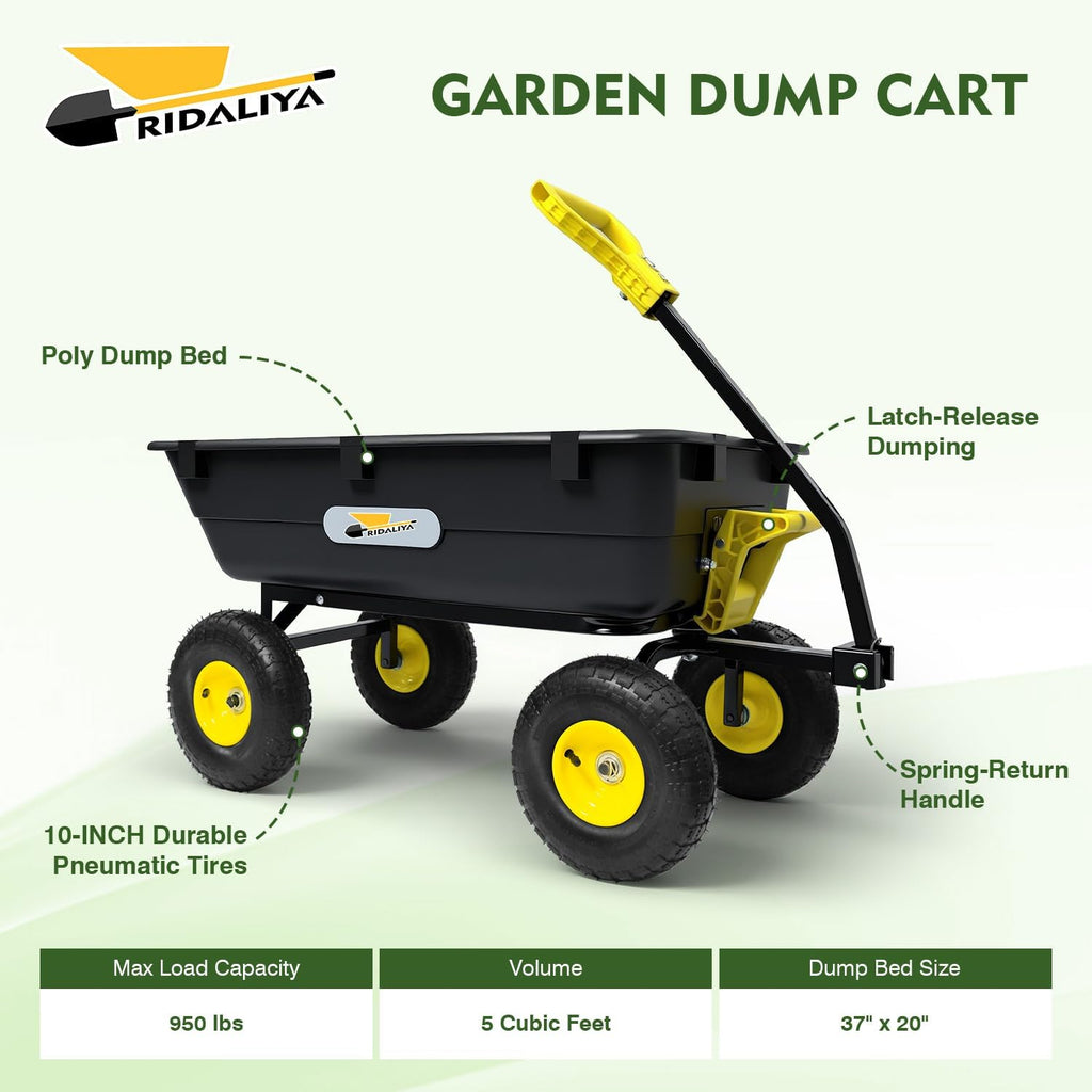 Garden Dump Cart, Heavy-Duty Utility Wagon with 950 lb Capacity, 5 Cu Ft Bed, 10" Pneumatic Tires, 180° Pivot