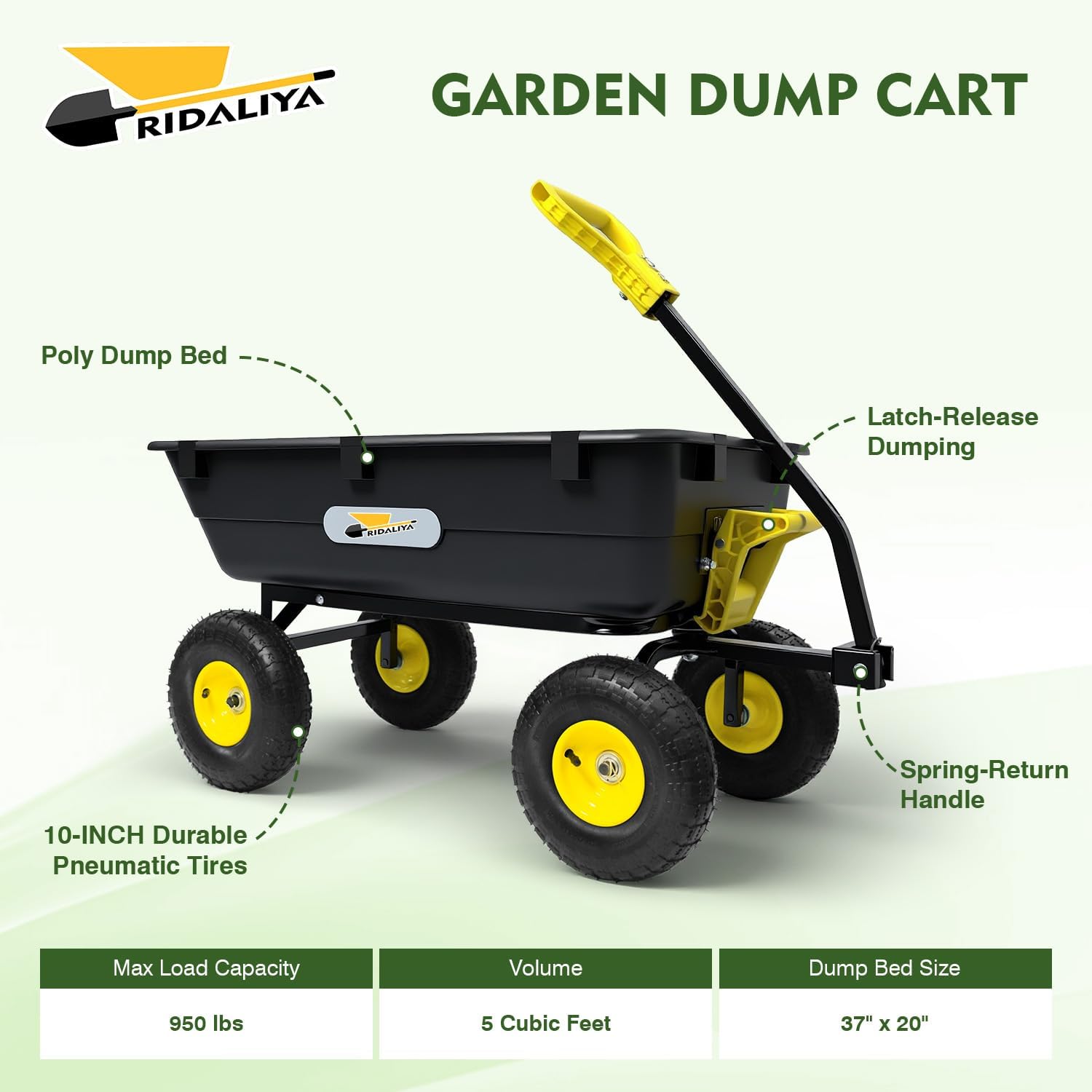 Garden Dump Cart, Heavy-Duty Utility Wagon with 950 lb Capacity, 5 Cu Ft Bed, 10" Pneumatic Tires, 180° Pivot