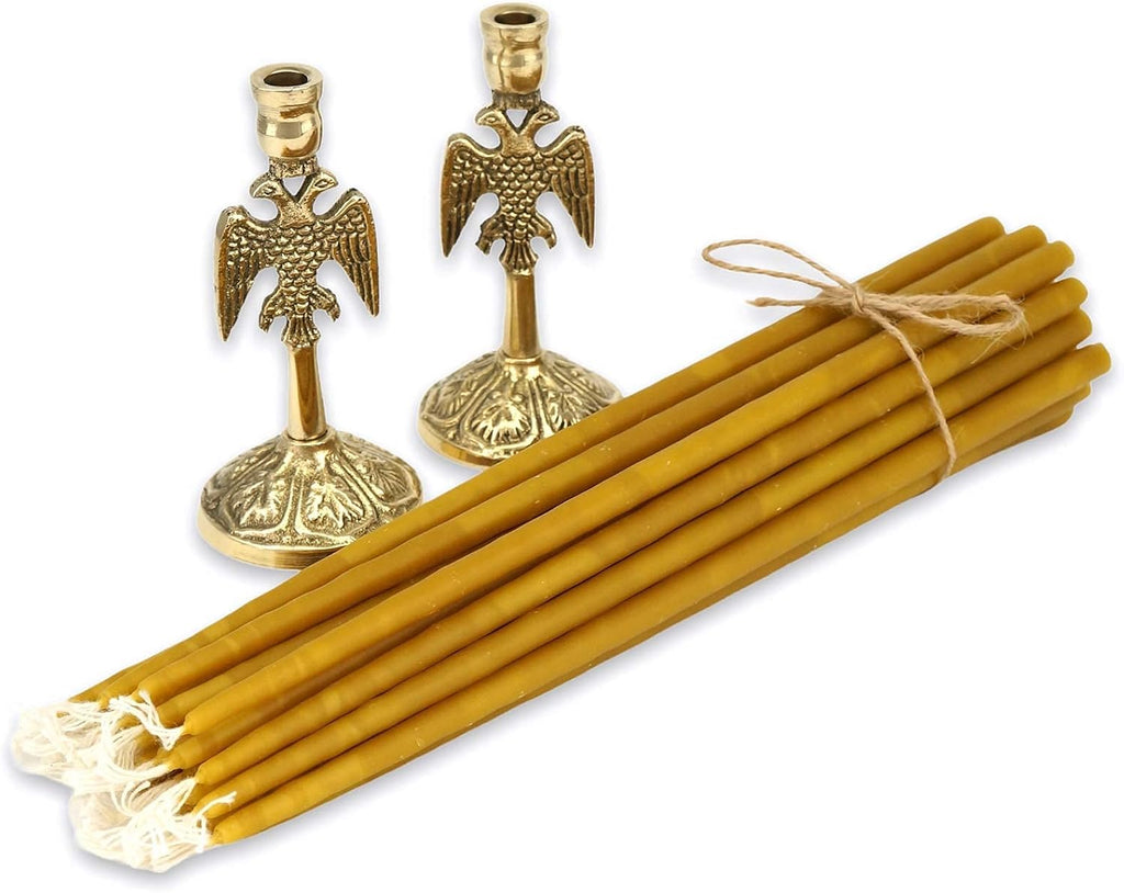 Set of 2 Eagle Design Brass Candle Holders and 20 Pure Beeswax Church Candles, Orthodox Tapers, Byzantine