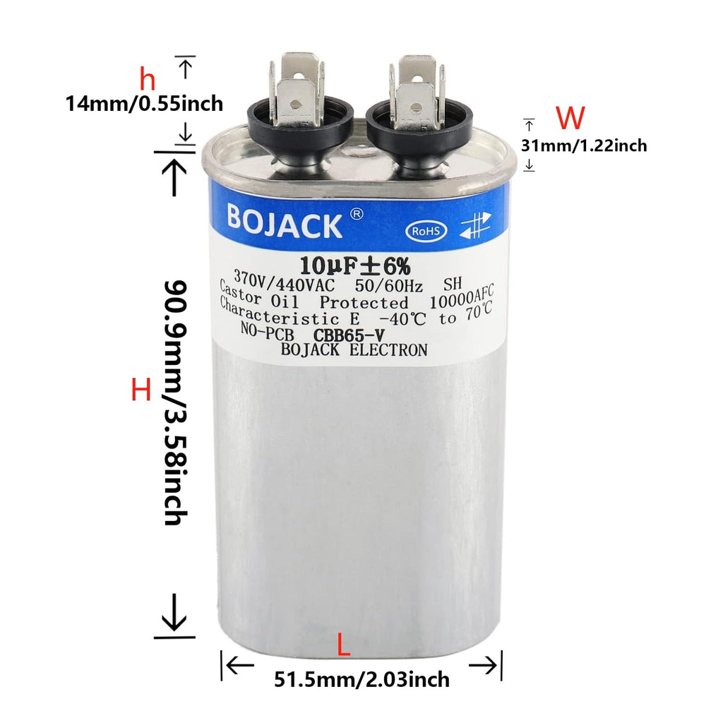 BOJACK 10 uF ±6% 10 MFD 370V/440V CBB65 Oval Run Start Capacitor for AC Motor Run or Fan Start and Cool or Heat Pump Air Conditione