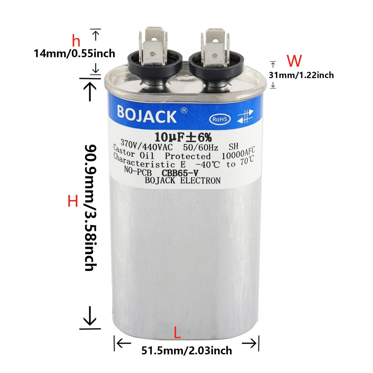 BOJACK 10 uF ±6% 10 MFD 370V/440V CBB65 Oval Run Start Capacitor for AC Motor Run or Fan Start and Cool or Heat Pump Air Conditione