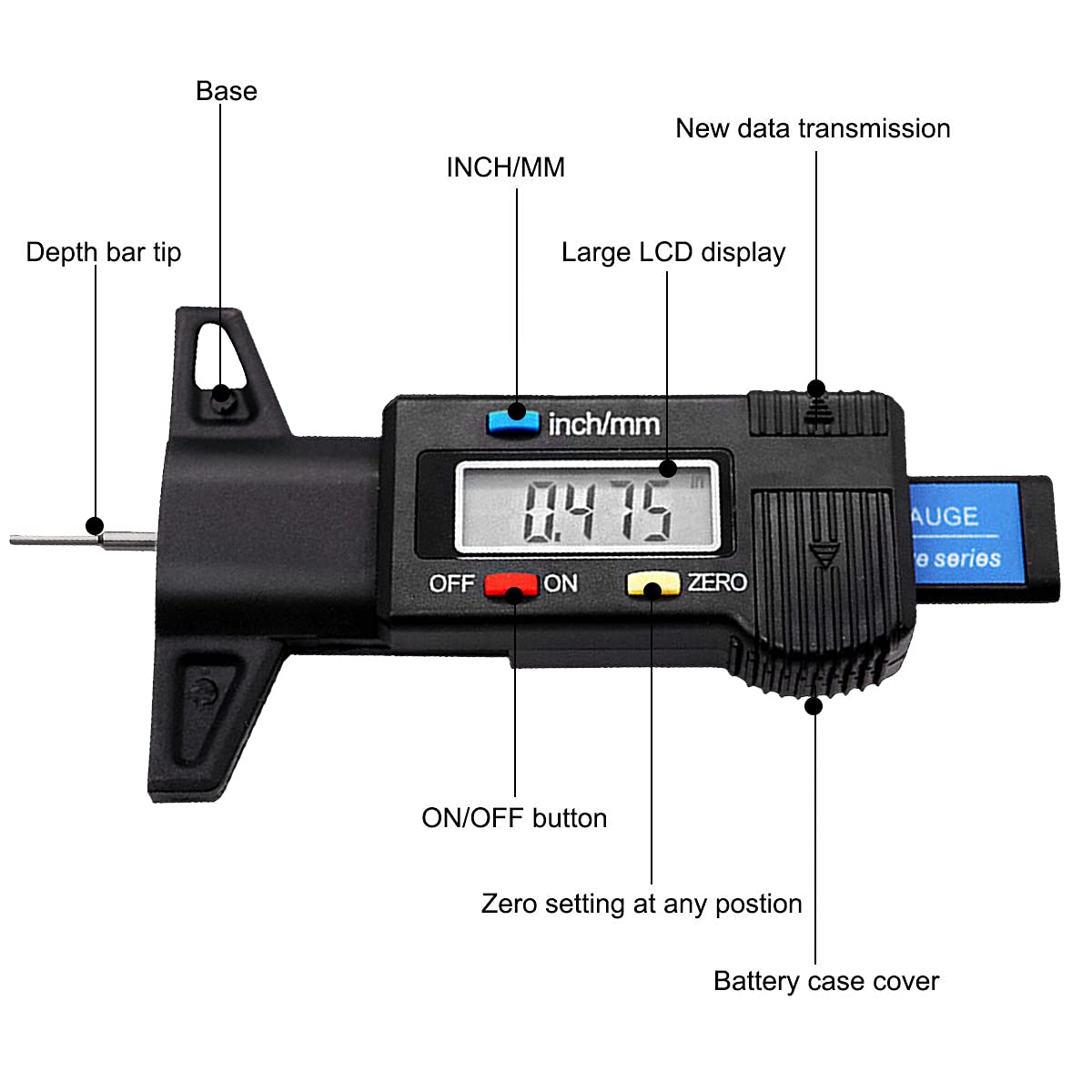 Digital Tire Tread Depth Gauge with LCD Screen, 0-1" Tread Checker, Black