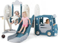 Toddler Slide and Swing Set, 5 in 1 Bus Themed Baby Slide with Climber Basketball Hoop Car Playhouse for Indoor