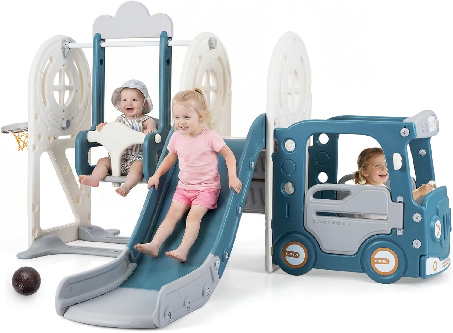 Toddler Slide and Swing Set, 5 in 1 Bus Themed Baby Slide with Climber Basketball Hoop Car Playhouse for Indoor