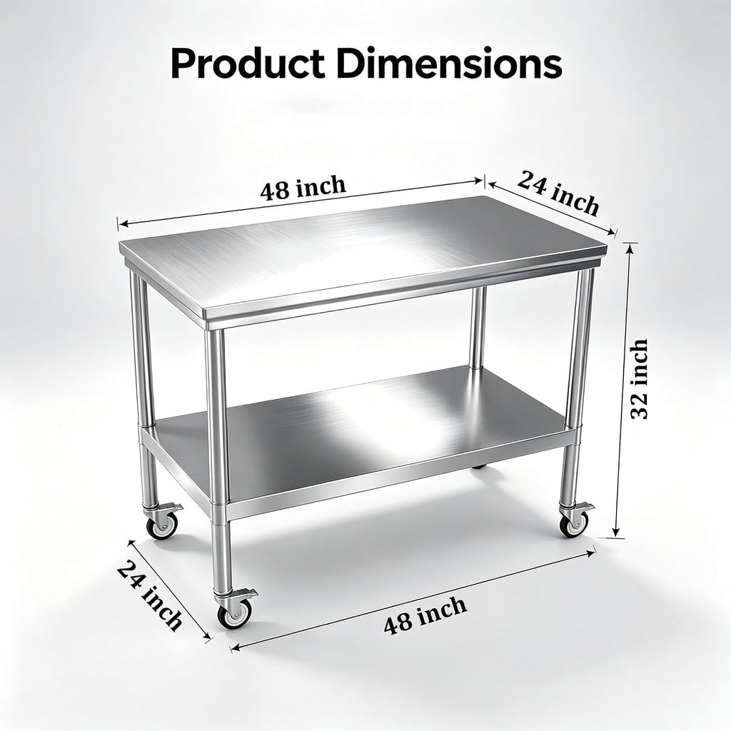 Stainless Steel Work Table with Wheels 24 x 48 Inches