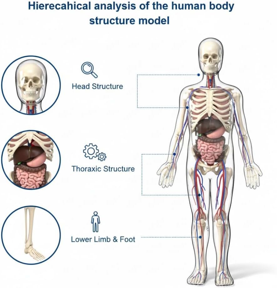 Clear Human Body Structure Model - Max 43-Piece Set, Removable Organs Bones & Transparent, DIY Assembled Human Torso