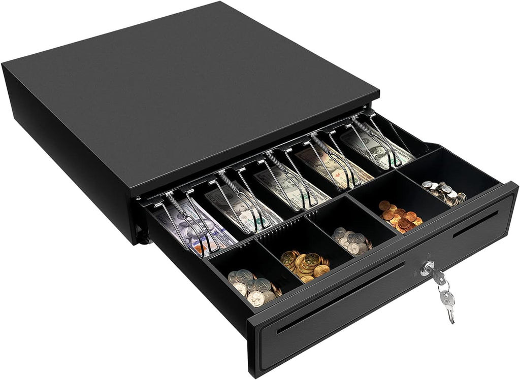 Black Cash Register Drawer 16" Black 5 Bill 5 Coin RJ11 RJ12 | Wide drawer with removable coin tray and 2 key-lock