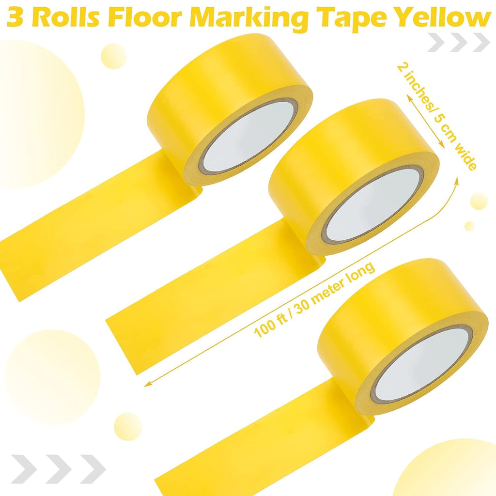 3 Rolls Floor Marking Tapes 2" Width 100' Length Yellow Durable Non Abrasive Strong Floor Tape for Social Distancing