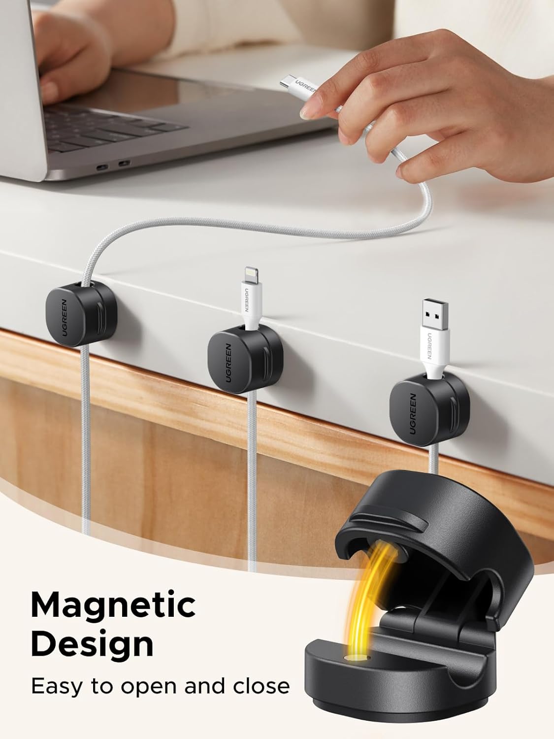 Cable Organizer Clips, Adhesive Cable Management - 6-Pack Strong Magnetic Cord Holder for Desk to Keep Phone Charging