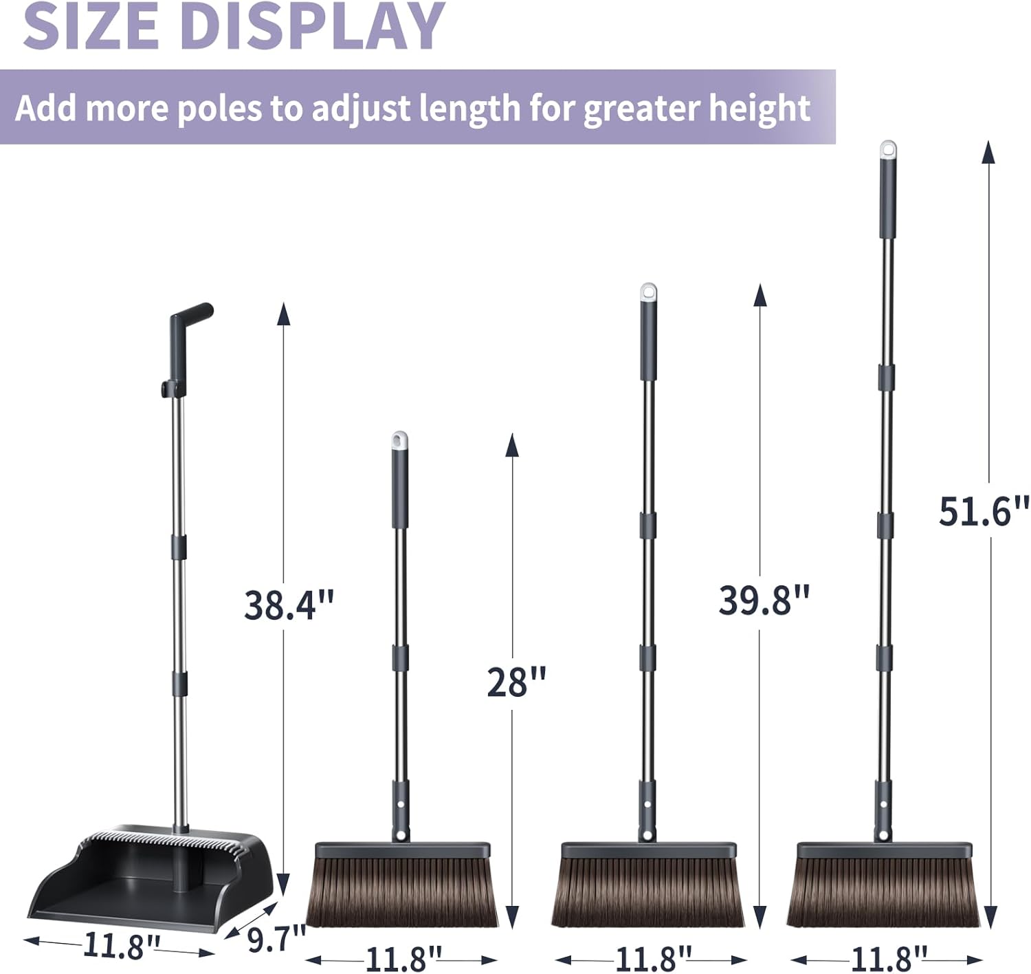 Broom and Dustpan Set, 51.6" Long Handle Broom with Dustpan Combo Set with Dustpan Teeth & Two Broom Heads, Brooms