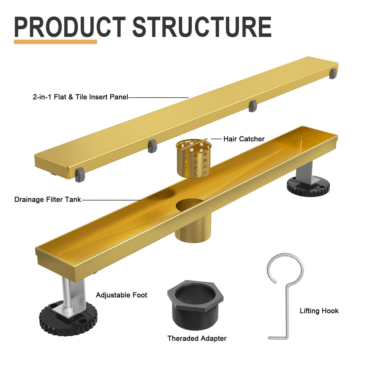18 Inch Linear Shower Drain, with Tile Insert Grate (Brushed Gold)