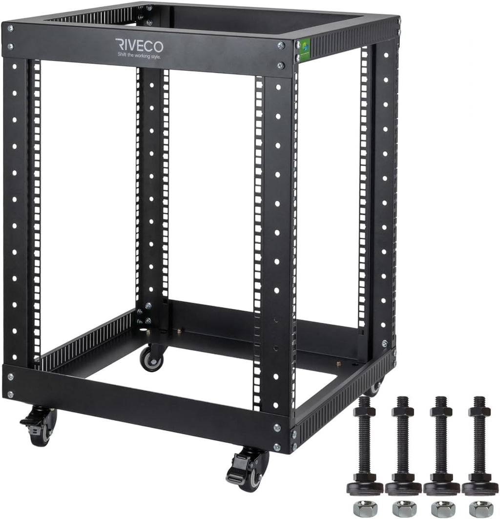 12U Server Rack Open Frame with Casters-RIVECO 4 Post Quick Assembly 19-inch, Data Rack Network Shelf Cabinet Heavy Duty Black
