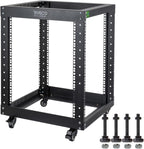 12U Server Rack Open Frame with Casters-RIVECO 4 Post Quick Assembly 19-inch, Data Rack Network Shelf Cabinet Heavy Duty Black