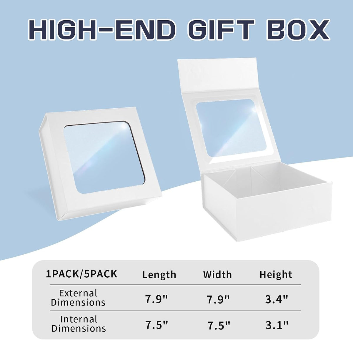 White Gift Boxes with Window,7.5"x7.5"x3.1" Magnetic Closure Lid Gift Boxes