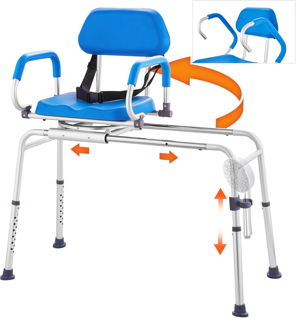 Sliding Tub Transfer Bench with 360 Degree Swivel Seat, Sliding Shower Chair with Pivoting Armrest & Padded Seat and