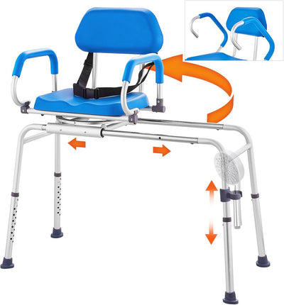Sliding Tub Transfer Bench with 360 Degree Swivel Seat, Sliding Shower Chair with Pivoting Armrest & Padded Seat and