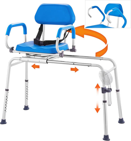 Sliding Tub Transfer Bench with 360 Degree Swivel Seat, Sliding Shower Chair with Pivoting Armrest & Padded Seat and