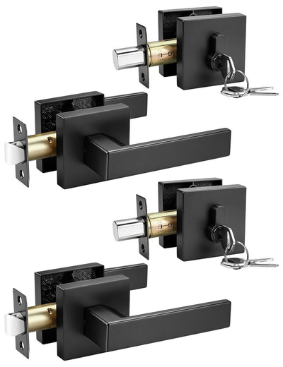2 Pack Black Passage Door Lever with Single Cylinder Deadbolt, Exterior Square Door Handle with Deadbolt, Modern Door
